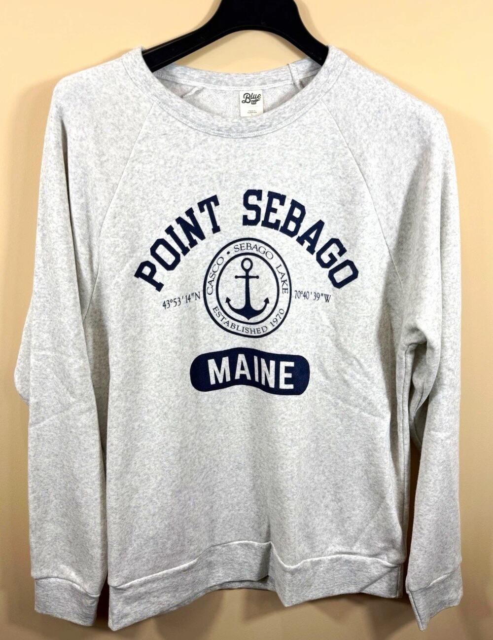 Blue 84 Point Sebago Maine Crewneck Sweatshirt Large Gray Oatmeal Tri-Blend NWOT